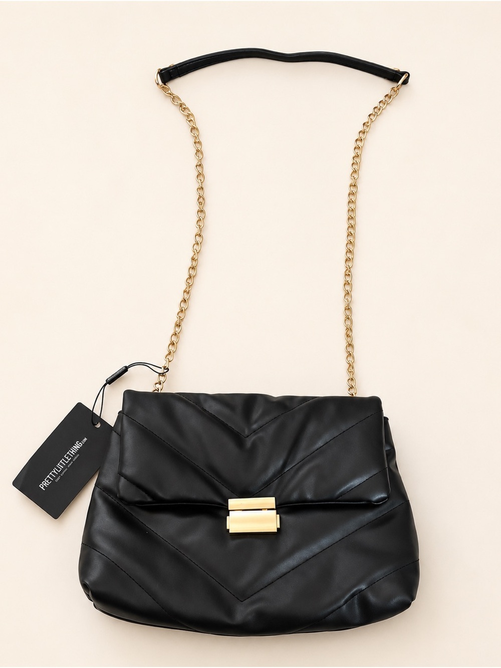 PrettyLittleThing Black Quilted Shoulder Bag with Gold Chain